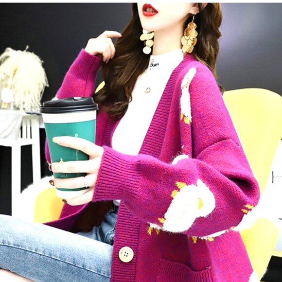 HOT PINK FUSCHIA ONE SIZE DEEP V CARDIGAN SWEATER WITH WHITE AND YELLOW SHEEP - Picture 3 of 3